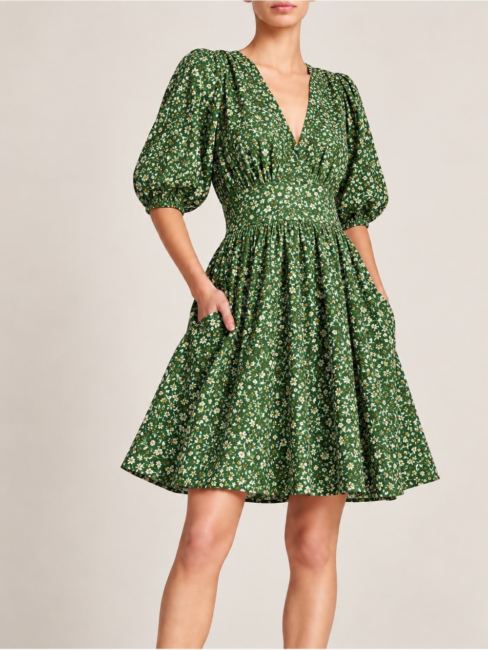 Trovata Birds of Paradis Gia Puff Sleeve Mini Dress Green Ivy Size M NWT